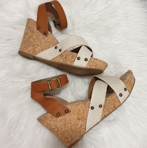 Lucky Brand Tan Leather Woven Cork Wedge Sandals